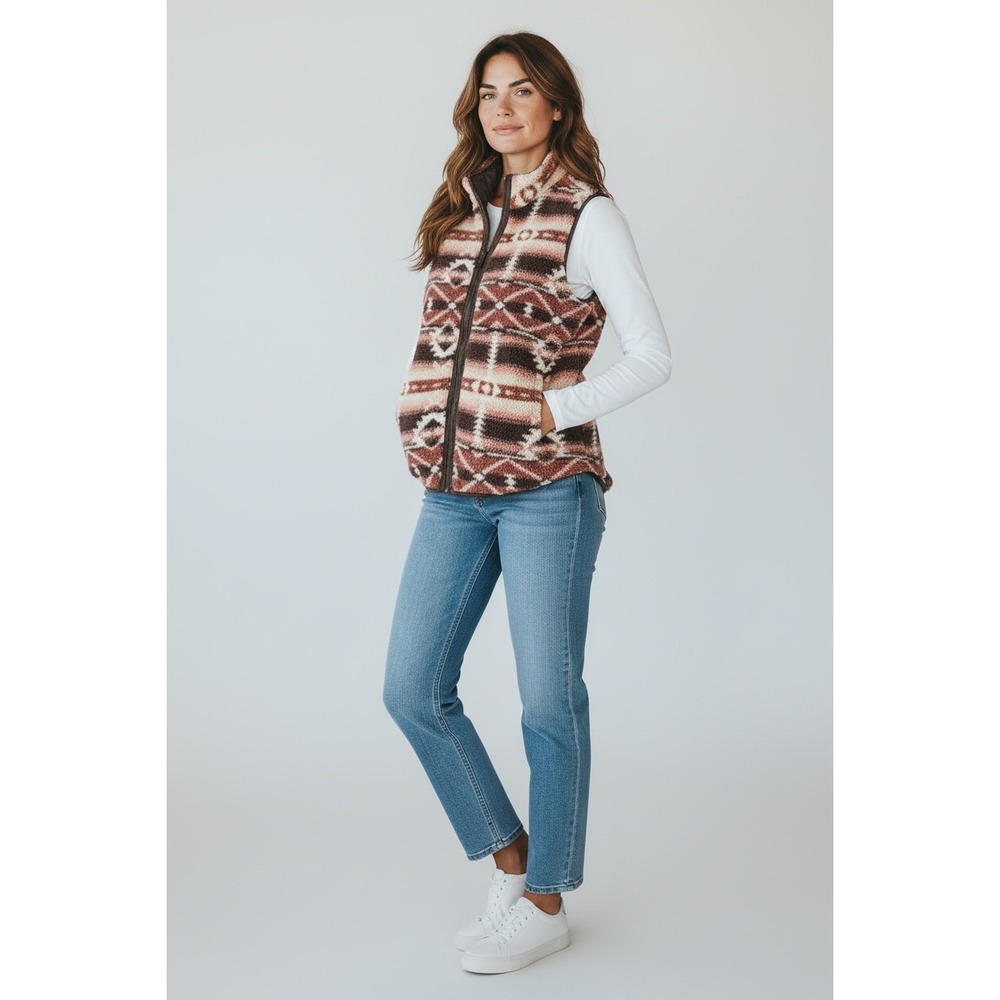 Maurices Reversible Puffer Vest Small Brown Southwestern Sherpa Quilted Zip Up